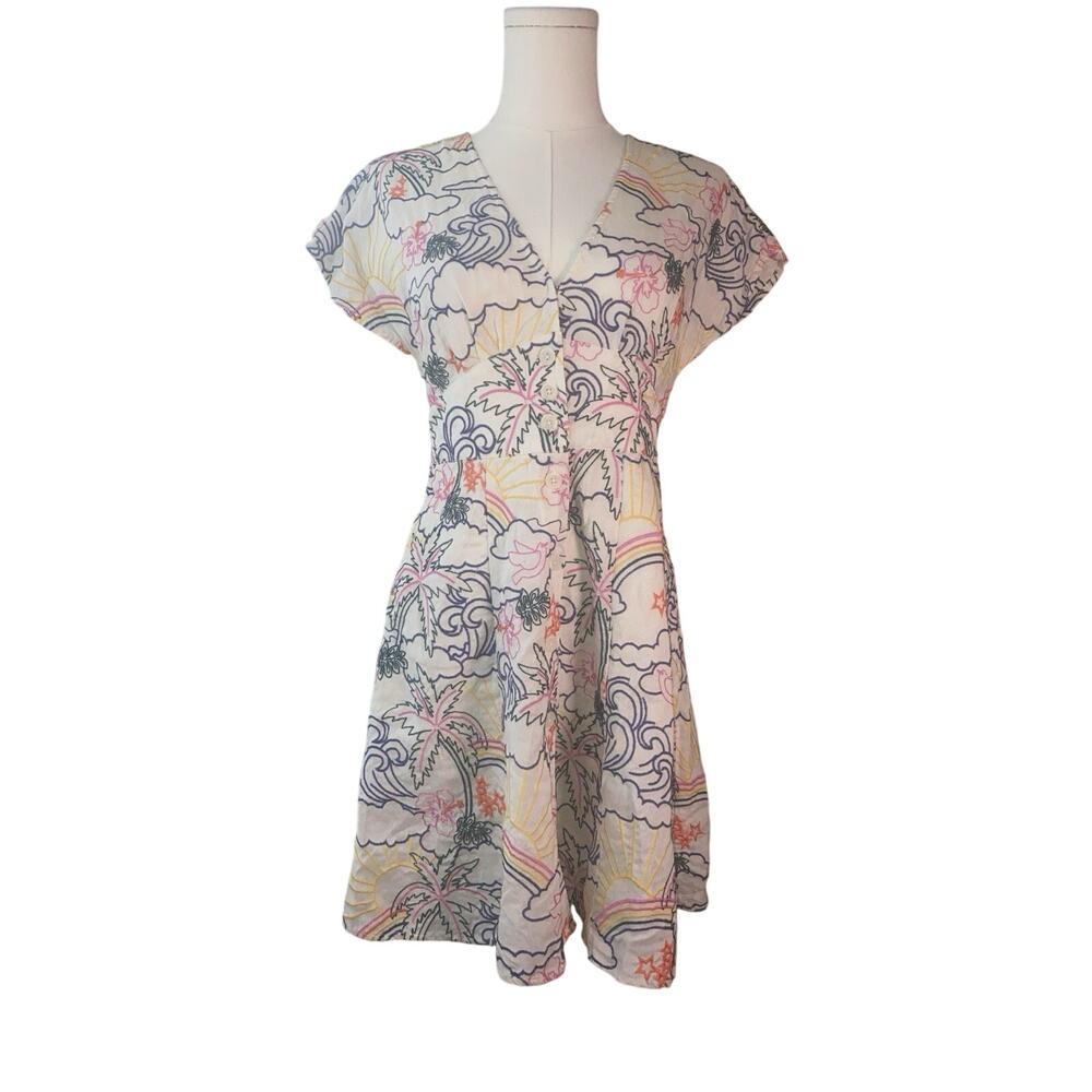 Marine Layer Camila Mini Dress White Linen Embroidered XS Sun Rainbow Palm Tree